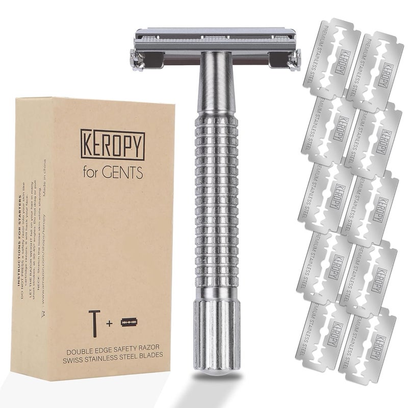 Keropy Double Edge Single Blade Safety Razor For Men and Women With 10 Premium Stainless Steel Refill Butterfly Metal Safety Razor, Reusable, Smooth Wet Shaving Experience, Eco-Friendly - Image 1